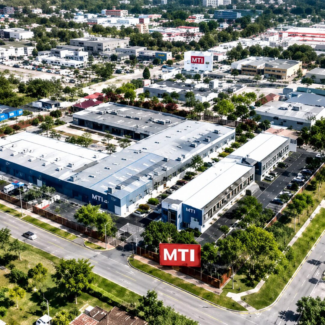 Industrial buildings surrounded by trees