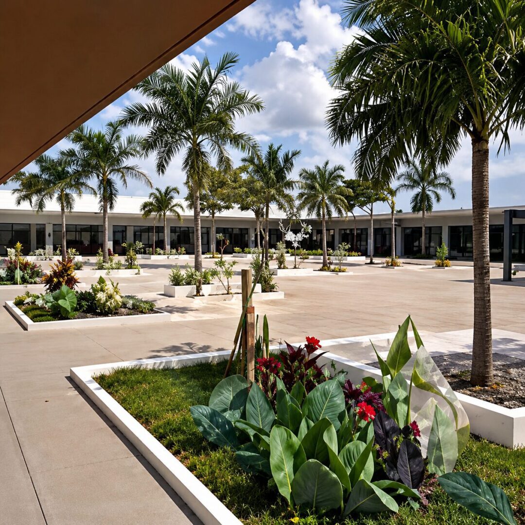 Sunny plaza with tropical landscaping.