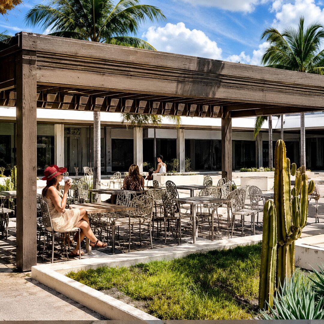 Outdoor cafe with wooden pergola