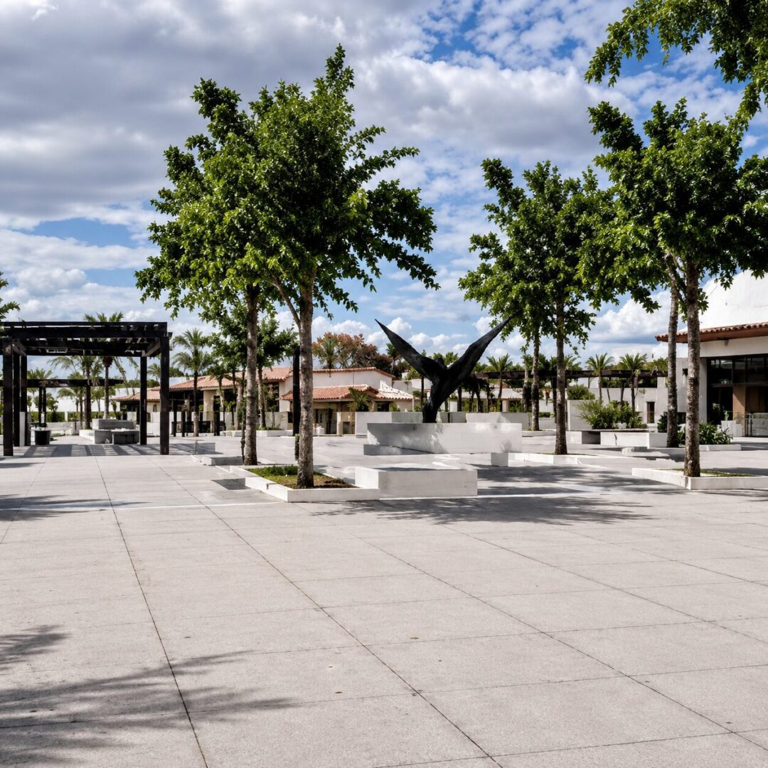 Sunny plaza with modern art
