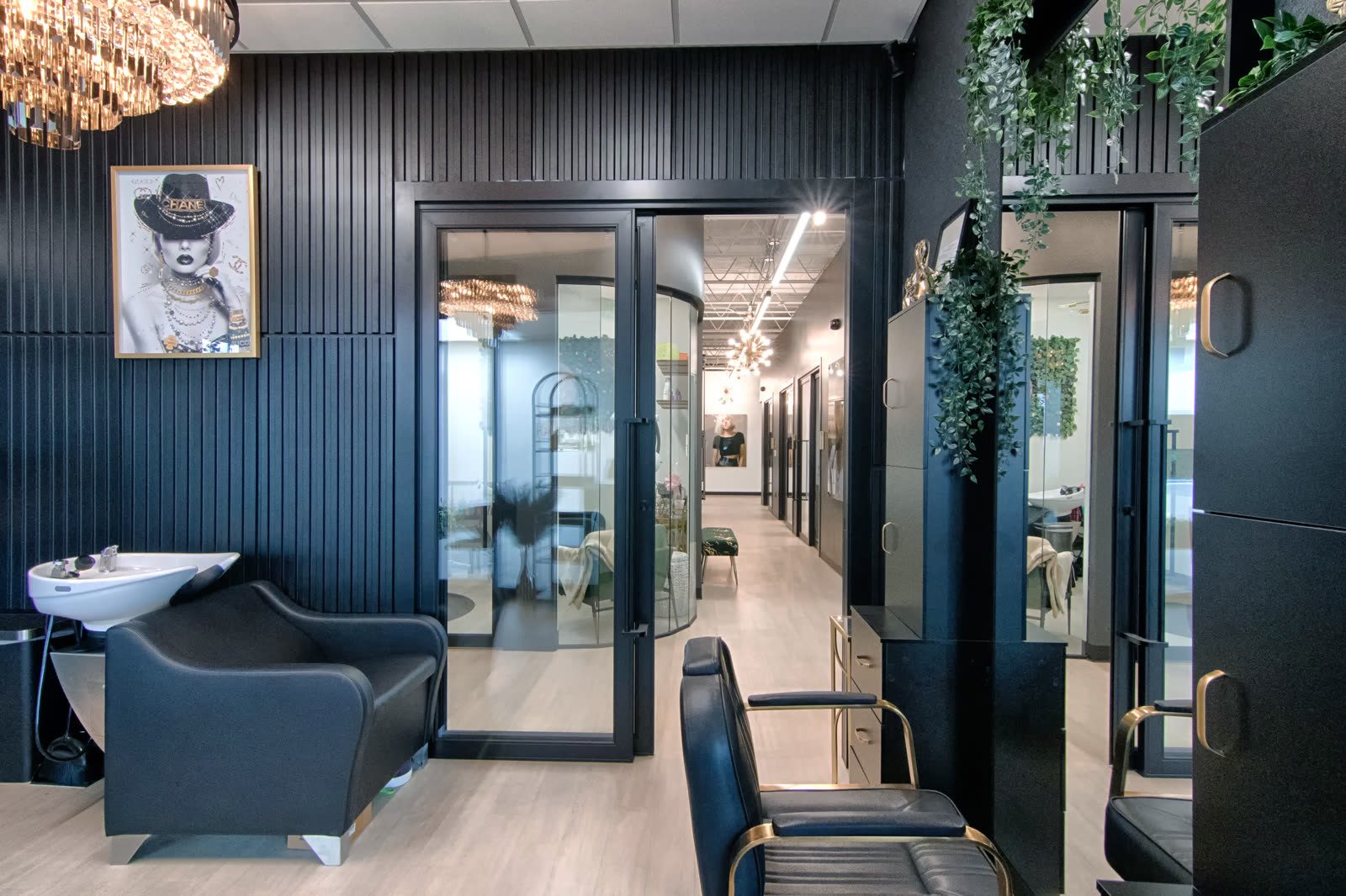 Modern salon interior with black accents